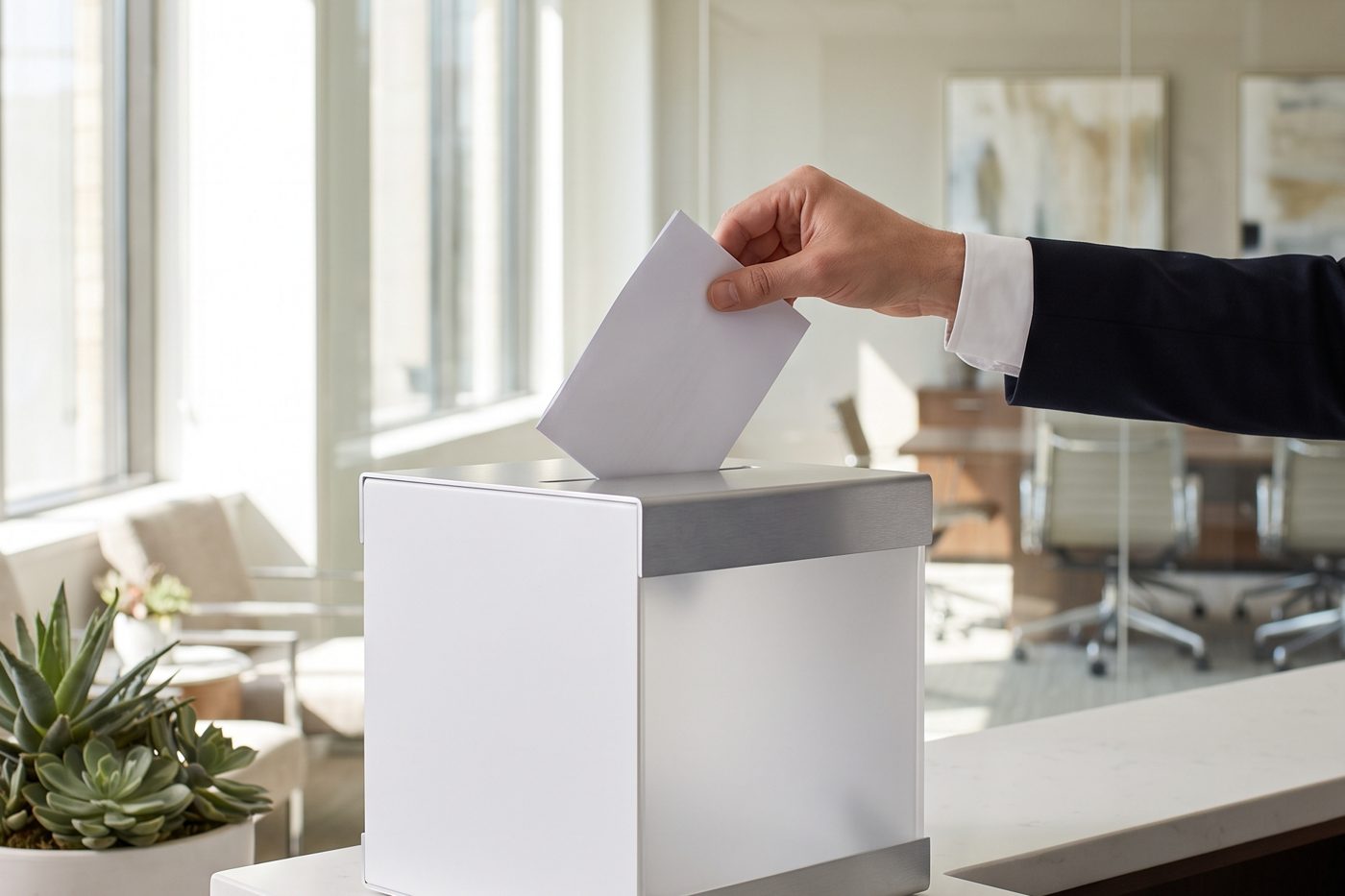 A hand drops a folded paper into a white ballot box on a counter in a bright office lobby