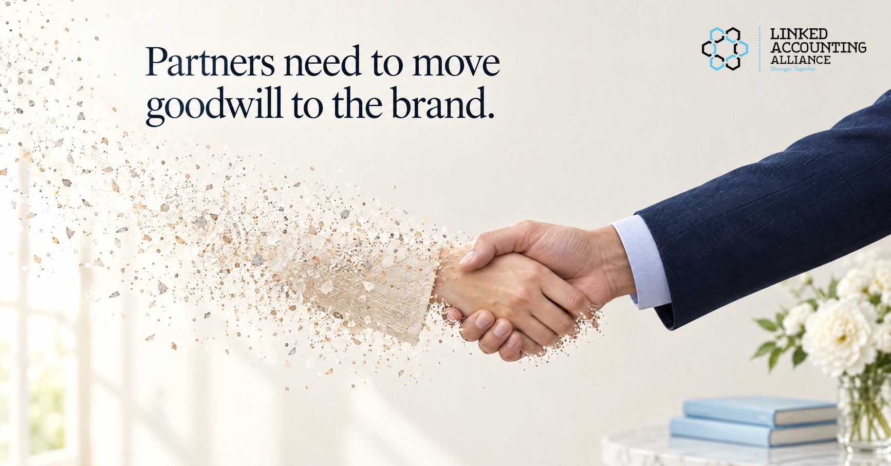 A handshake in a bright office, one arm dissolving into particles, beside the headline Partners need to move goodwill to the brand