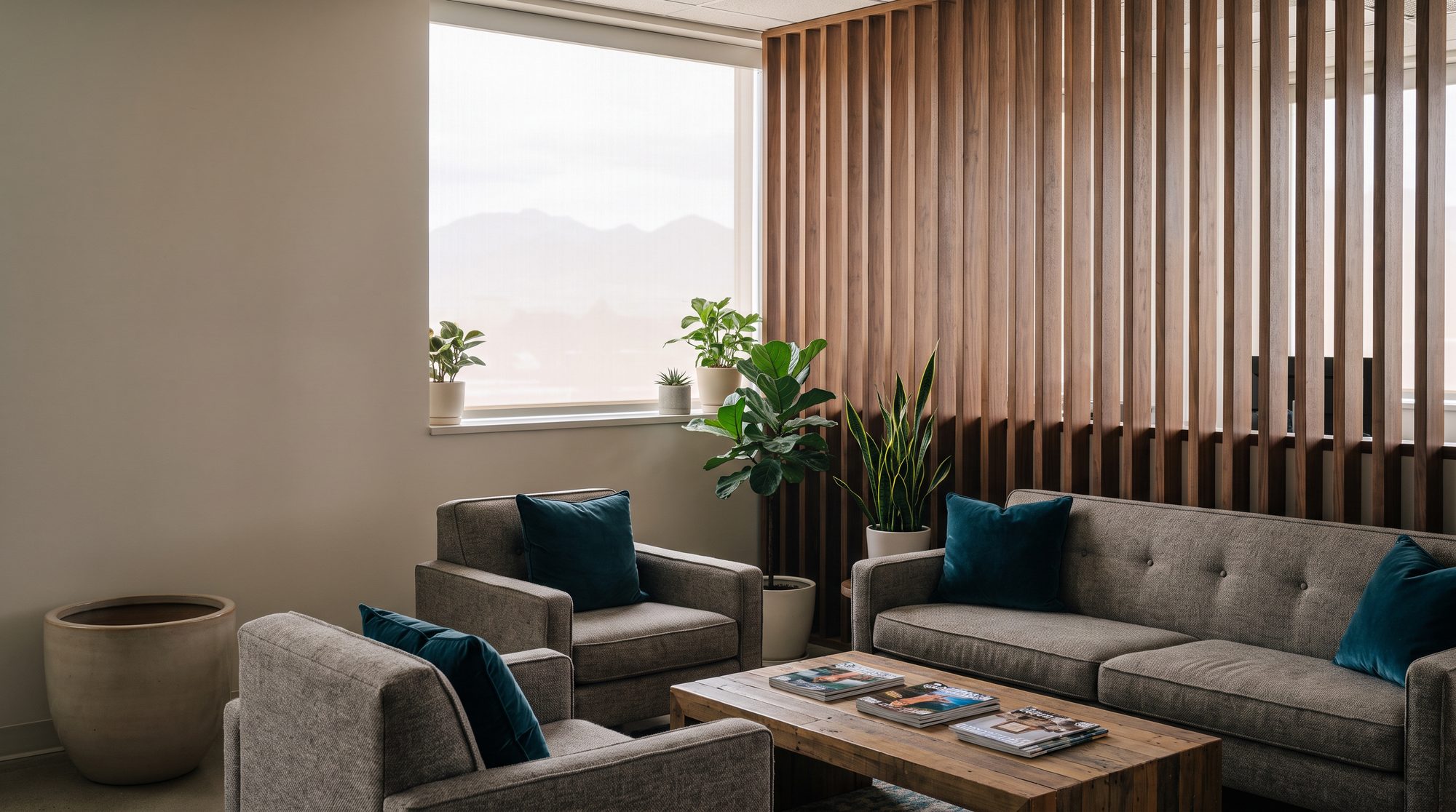A quiet office lounge with a sofa, armchairs and a wood slat wall in soft daylight